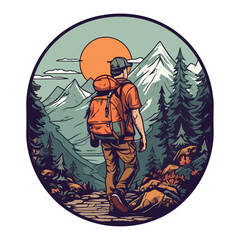 Sticker - Man mountain climber through forest, conquers peak