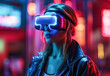 © Olena Rudo - Ai generative. Night scene of the city. Woman in vr headset in the city of the future