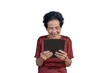 © Tian - Happy old woman smiling at a laptop. Modern 80's women enjoy free time with communication devices. surf the internet wirelessly and chat online Long-distance communication received good news.