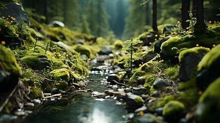 Tilt-shift photography of a sprawling forest landscape, creating a miniature-like effect. (Generative AI)