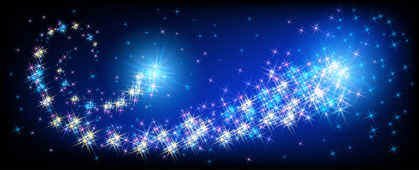 Wall Mural - Flying two comet with curved glowing tail among the sparkling stars in fantasy universe.