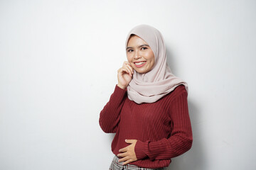 Wall Mural - Beautiful young Asian woman in red sweater smiling happy and looking confident isolated over white background