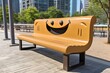 A gleeful bench with a content face expression