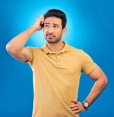 Aufkleber - Thinking, studio ideas and man brainstorming solution, problem solving plan or strategy development. Planning, why and confused person think of questions, decision or doubt choice on blue background