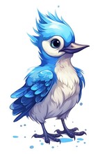 Cute Baby Blue Jay In Cartoon Style On White Background - Generative AI