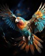 An ai illustration of a colorful parrot flying on black background. (Illustration, Generative AI)