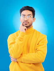 Aufkleber - Thinking, why and studio man planning solution, problem solving plan or strategy ideas, curious or doubt. Remember, wonder or person think of questions, decision or choice isolated on blue background