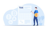 Fototapeta Londyn - Young trader calculates taxes on cryptocurrency trading payable to government.