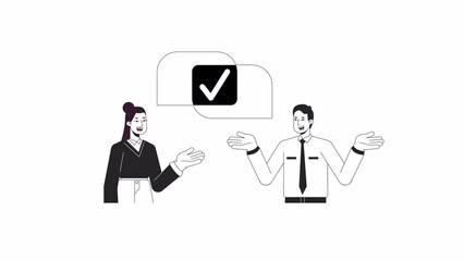 Fototapete - Coworkers collaboration bw animation. Animated characters colleagues reaching agreement. Monochrome 2D flat outline cartoon 4K video, white background, alpha channel transparency for web design