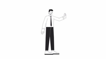 Fototapete - Office man high fiving bw animation. Animated character male white collar worker happy. Monochrome 2D flat outline cartoon 4K video, white background, alpha channel transparency for web design