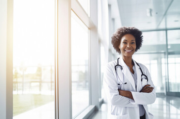 Wall Mural - Black woman, doctor or portrait with arms crossed in hospital for trust, confidence or smile in medical clinic for professional about us. African gp, happy or ai generated healthcare worker by window