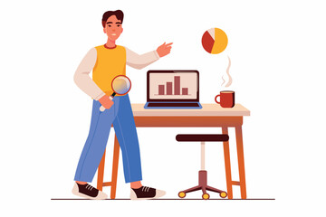 Aufkleber - Data analysis concept with people scene in the flat cartoon style. The specialist works with data in charts and diagrams. Vector illustration.