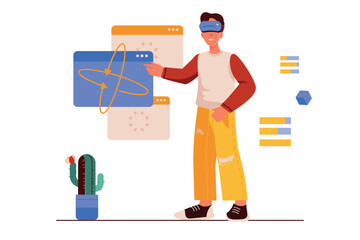 Aufkleber - VR concept with people scene in the flat cartoon style. The guy moved into virtual reality with VR glasses. Vector illustration.