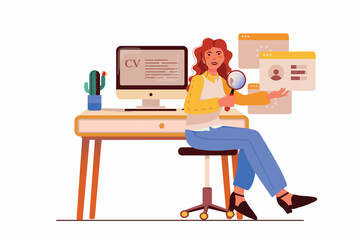 Poster - HR concept with people scene in the flat cartoon style. The HR specialist reviews the questionnaires and resumes of job applicants. Vector illustration.