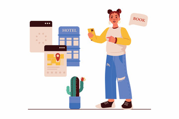 Poster - hotel booking concept with people scene in the flat cartoon style. a girl books a hotel room before 