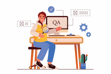 Poster - QA engineer concept with people scene in the flat cartoon style. The employee monitors the quality of application development. Vector illustration.