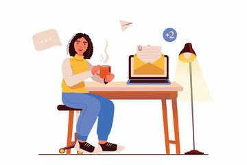 Aufkleber - Email service concept with people scene in the flat cartoon style. The woman decided to read e-mails while drinking tea. Vector illustration.