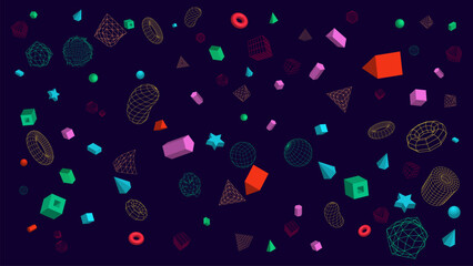 Poster - set of futuristic geometric shapes in cyberspace. complete and linear objects in retro style. abstra