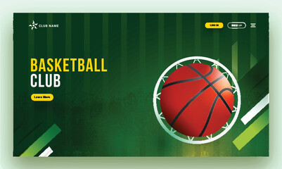 Sticker - Basketball Club Landing Page or Hero Banner with Top View of Realistic Basketball Inside Hoop Against Green Playground.