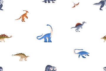 Poster - Seamless pattern, repeating dinosaurs print. Extinct ancient dino animals of Jurassic period, endless background design. Flat vector illustration for kids textile, fabric, childish wallpaper, wrapping