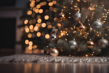 Wall Mural - Christmas Tree With Baubles And Blurred Shiny Lights, generative ai