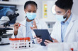 © Wesley JvR/peopleimages.com - Science, blood test and people on tablet for research analysis, vaccine or healthcare, face mask and laboratory. Medical data, scientist team or woman on digital tech, talking of covid or dna results