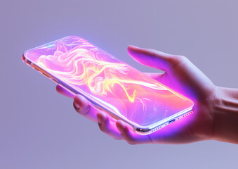 3d render of a hand holding a phone glowing with a neon pink hue. a futurisic image swirling on the 
