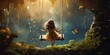 A little girl joyfully swings on a swing set in a magical forest, surrounded by shimmering trees and whimsical creatures, immersed in a world of enchantment and wonder. Generative AI