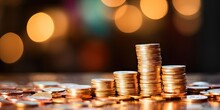Bokeh Blurred Background With Money Business. Investment And Finance Concept With Stack Golden Coins