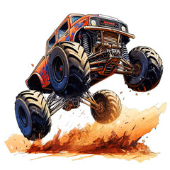 Wall Mural - Monster truck with jumping and Downhill Clipart isolated on Transparent Background.