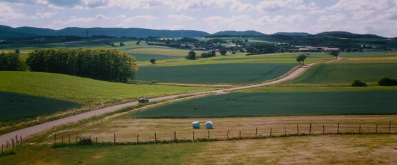 Wall Mural - Aerial of a car driving on the empty rural road alongside the plantation fields