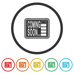 Canvas Print - Coming soon sign. Set icons in color circle buttons