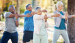 © Wesley JvR/peopleimages.com - Fitness, group and senior people stretching before a exercise in an outdoor park or nature. Sports, wellness and elderly friends doing a arm warm up workout before training class together in a garden