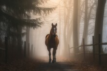 AI Generated Illustration Of A Majestic Brown Horse Moving Slowly Through The Misty Forest