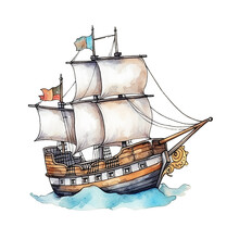 Pirate Ship - Cute Hand Painted Style - Childish Watercolor Drawing - Fairy Tale Fantasy - Generative AI
