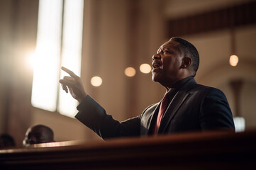 Wall Mural - prayer, christian and pastor with black man in church for worship, holy spirit or spirituality. pray