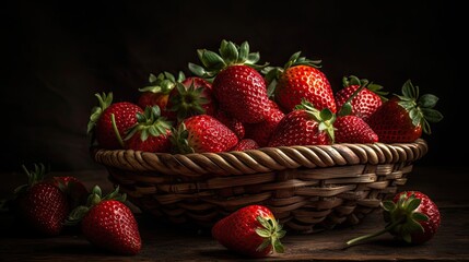 Closeup Fresh Re Strawberries in a bamboo basket with blur background