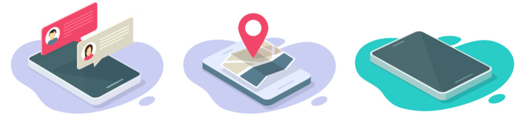 Leinwandbilder - Cell phone mobile map navigator isometric 3d vector icon, smartphone cellphone city town navigation location pin pointer graphic illustration, online chat sms text message, empty blank screen image