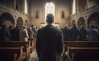 Canvas Print - Prayer, back and congregation with man in church for worship, holy spirit and spirituality. Praying, ai generated and connection with person and traditions for faith, mindfulness and christianity