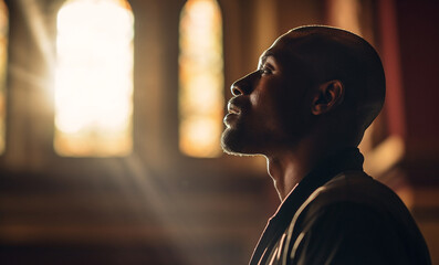Wall Mural - prayer, christian and thinking with black man in church for god, holy spirit and spirituality. prayi