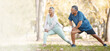 © Wesley JvR/peopleimages.com - Fitness, stretching and senior couple in park for healthy body, wellness and active workout outdoors. Retirement, sports and man and woman stretch legs on grass for exercise, training and warm up