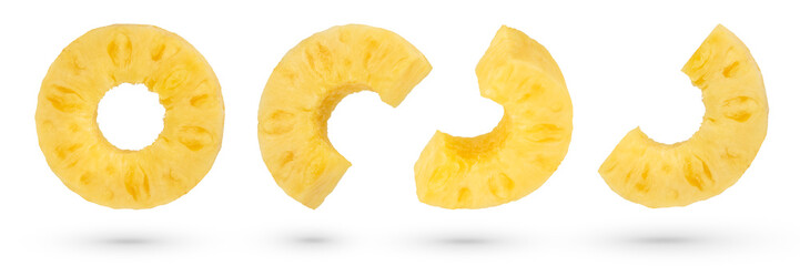 Pineapple slices on a white isolated background. Ripe pineapple cut into slices and rings. Pineapple isolate in various forms. To be inserted into a design or project.