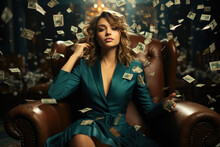 Prosperous Businesswoman. Throwing Dollars Money While Seated On Dark Teal And Gold Sofa. AI Generative