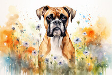 Watercolor Painting Of A Beautiful Boxer Dog In A Colorful Flower Field. Ideal For Art Print, Greeting Card, Springtime Concepts Etc. Made With Generative AI.

