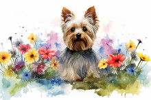 Watercolor Painting Of A Cute Yorkshire Terrier In A Colorful Flower Field. Ideal For Art Print, Greeting Card, Springtime Concepts Etc. Made With Generative AI.
