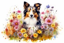 Watercolor Painting Of A Beautiful Collie Dog In A Colorful Flower Field. Ideal For Art Print, Greeting Card, Springtime Concepts Etc. Made With Generative AI.
