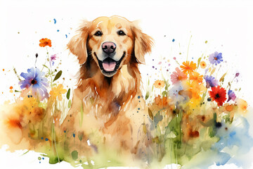 Wall Mural - Watercolor painting of a golden retriever in a colorful flower field. Ideal for art print, greeting card, springtime concepts etc. Made with generative AI.
