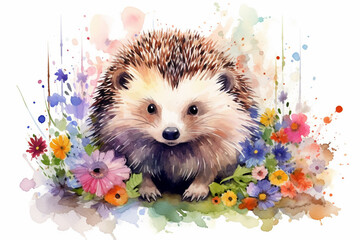 watercolor painting of a cute hedgehog in a colorful flower field. ideal for art print, greeting car