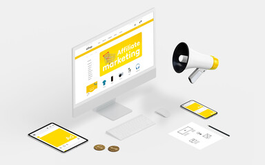 Wall Mural - Affiliate marketing concept with ecommerce page on computer display, and social network ads on mobile devices. Isometric composition