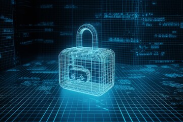 Poster - binary code lock, Unlocking the Digital Fort: CGI Image of a Padlock Transformed into a Cryptic Circuitry Artwork, Evoking the Aesthetics of Cryptid Academia